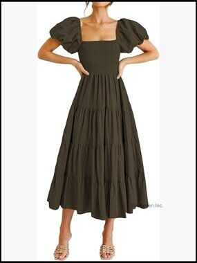 Polyester Casual Summer Midi Dress Puffy Short Sleeve Square Neck Smocked